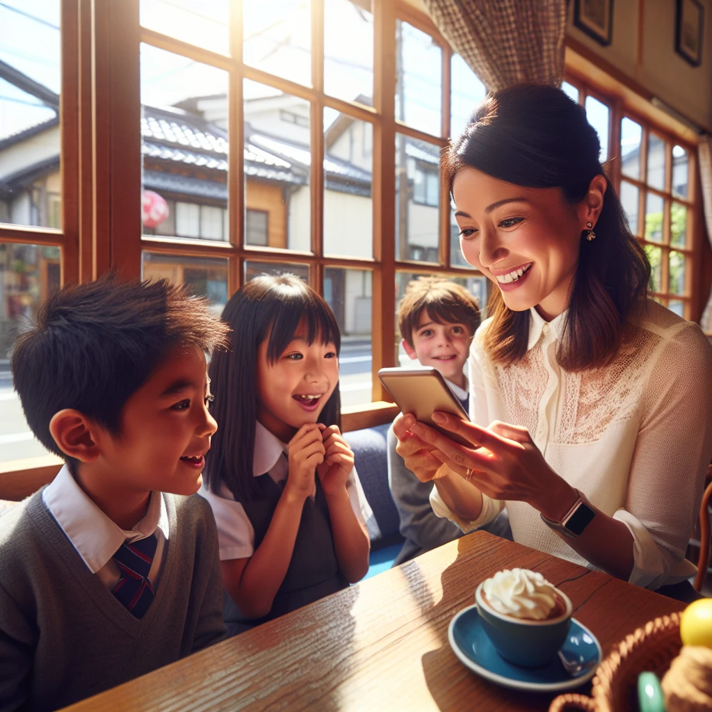 札幌のカフェで、若い女性がスマートフォンを使い、小学生二人にデジタル通貨を送っている様子。