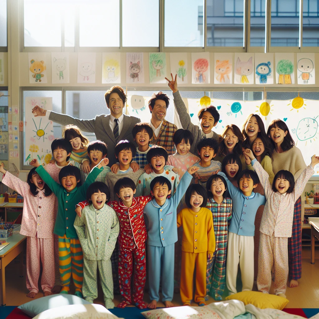 色とりどりのパジャマを着た小学校の児童と教師たちが、教室で笑顔を見せている様子。