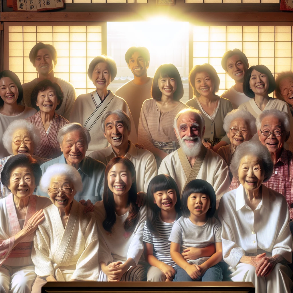 和やかな雰囲気の日本家屋の居間で、世代を超えた人々がテレビ画面を囲んで一緒に楽しそうに鑑賞している様子。