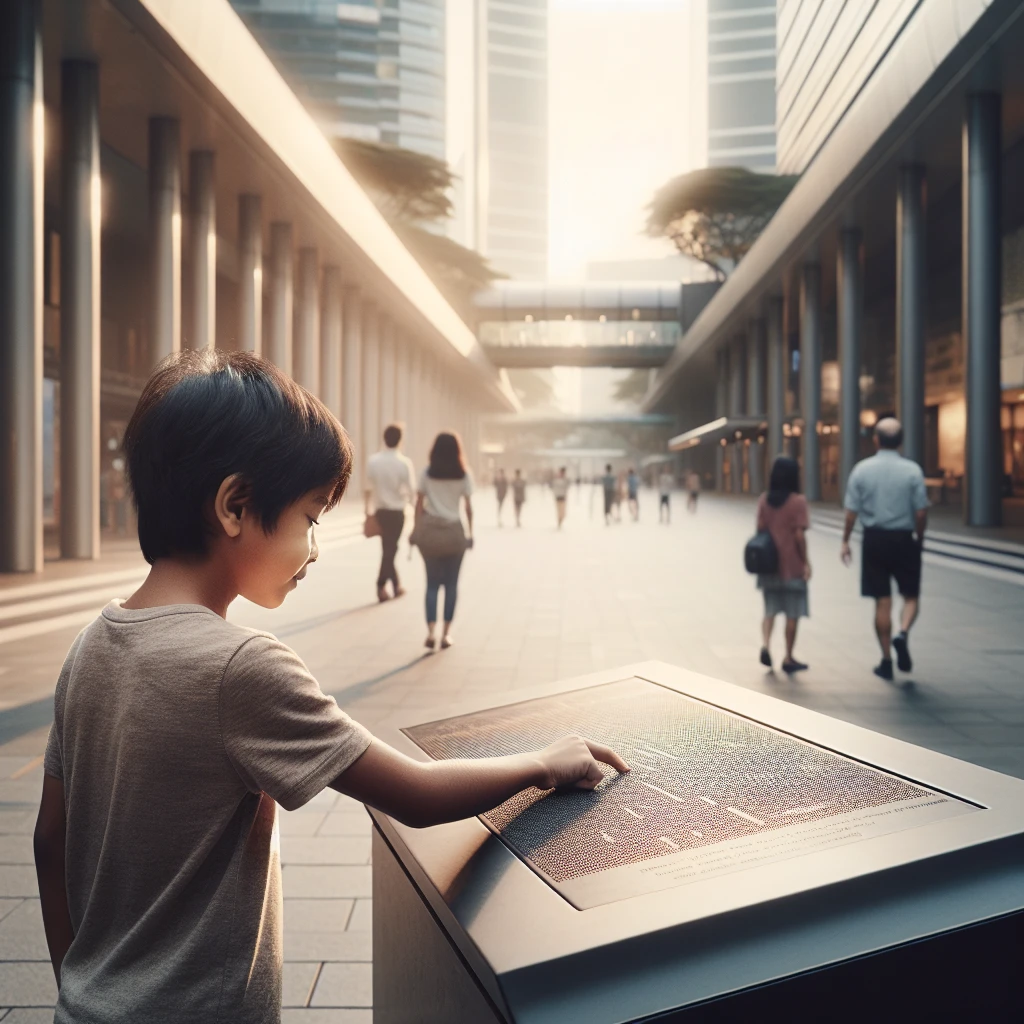 新しい都市のベンチで、子どもがパネルに指で願いごとを書き込んでいる光景。
