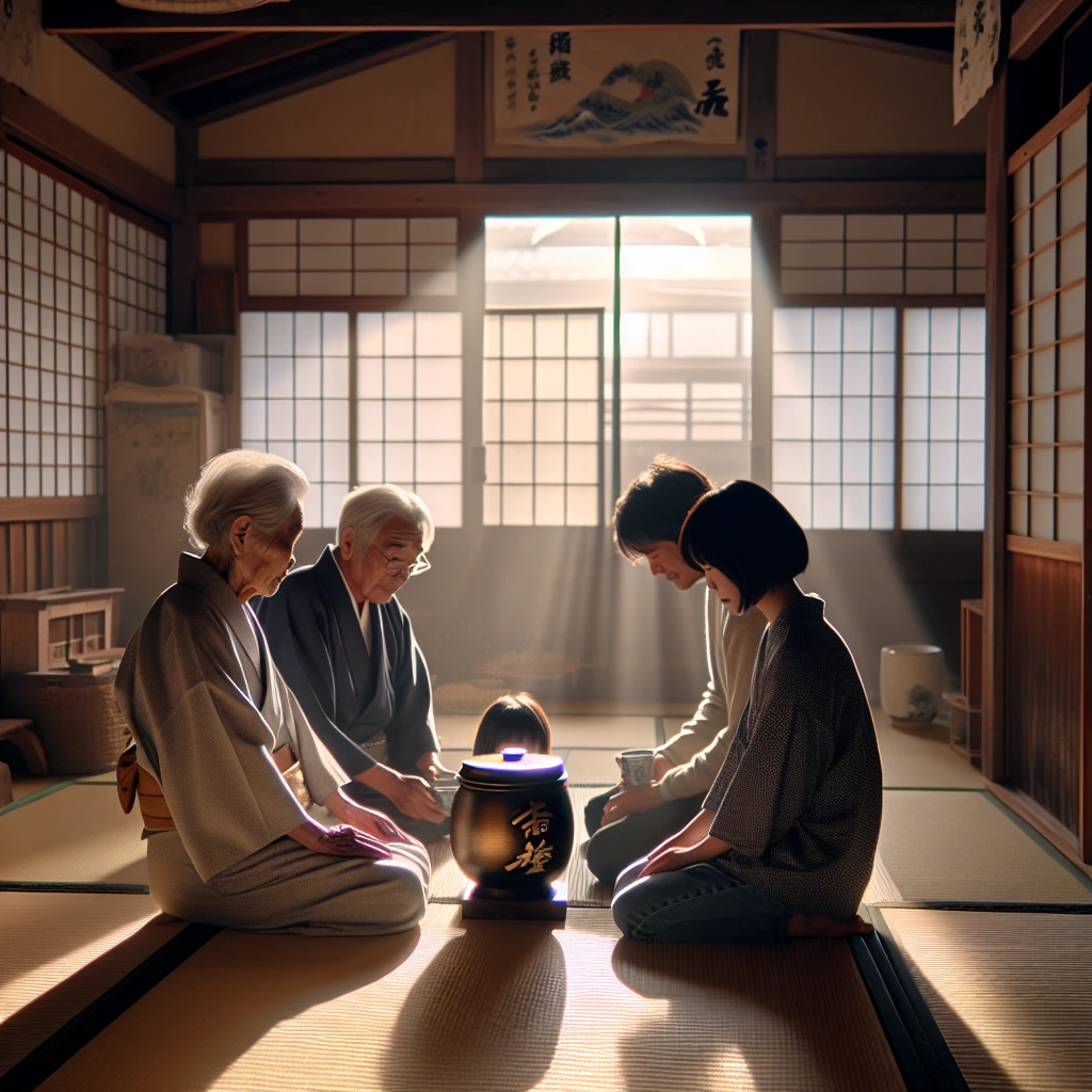 三世代の家族が自宅の小さな和室でちゃぶ台を囲んで団らんしている様子。