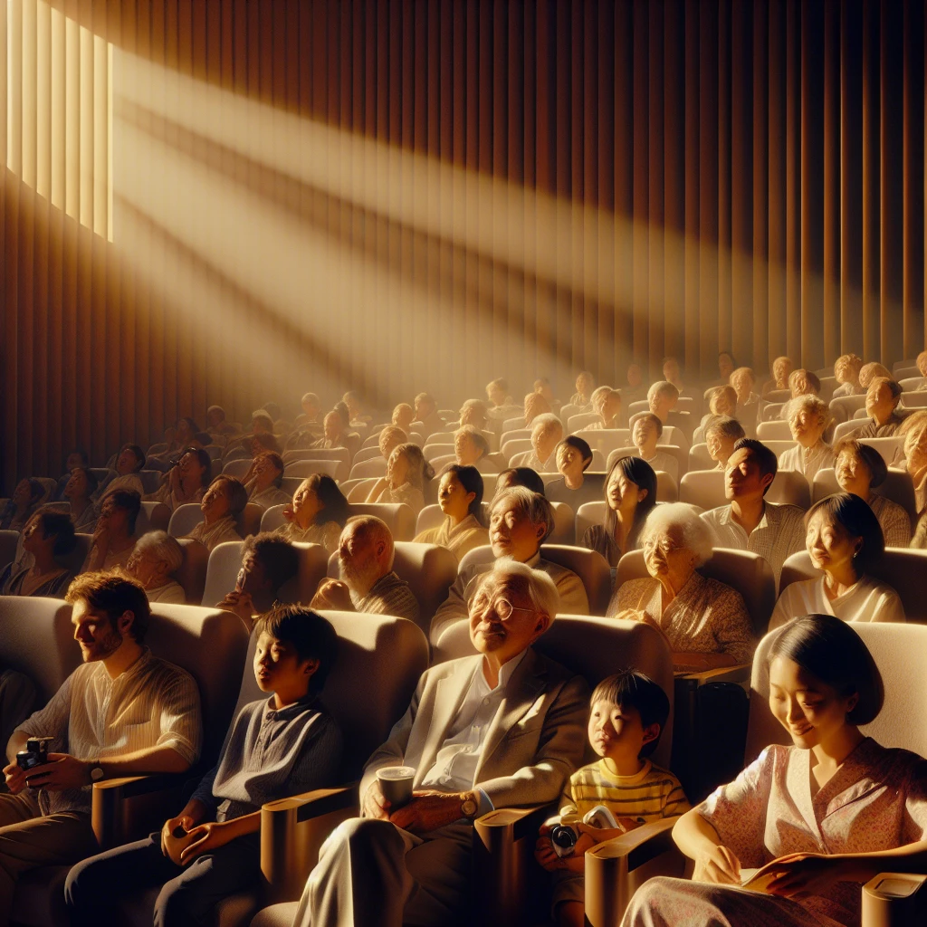 映画館の客席でスクリーンを見ながら微笑み合い、口ずさむ観客たちのリアルな様子。