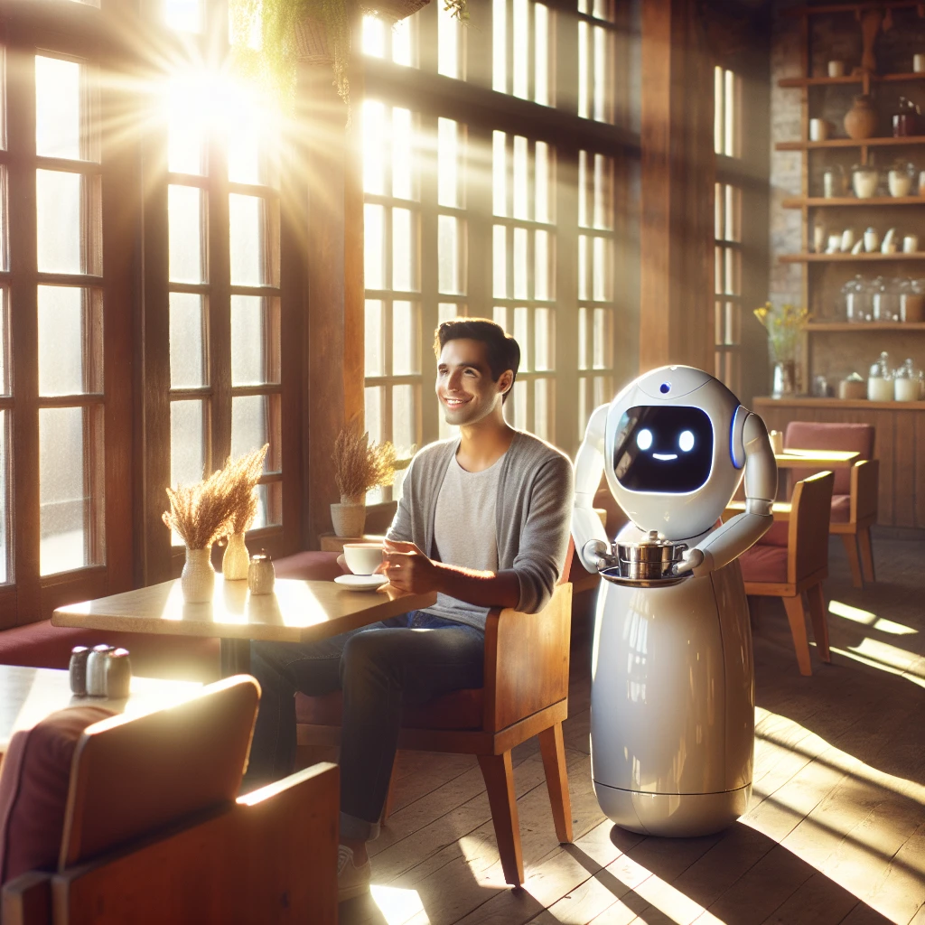 木のテーブルに座る若い男性が静かに微笑み、AI搭載のサービングロボットがハーブティーをそっと提供している長野県の温かい雰囲気のカフェ店内。