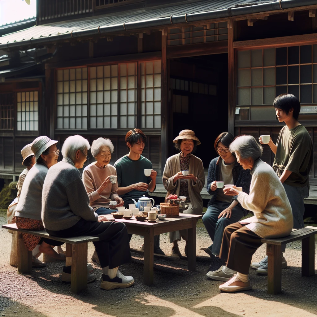 小さな町の公民館前の木製ベンチで、高齢女性と若者たちが日なたでお茶と手作りお菓子を分け合いながら談笑している様子。