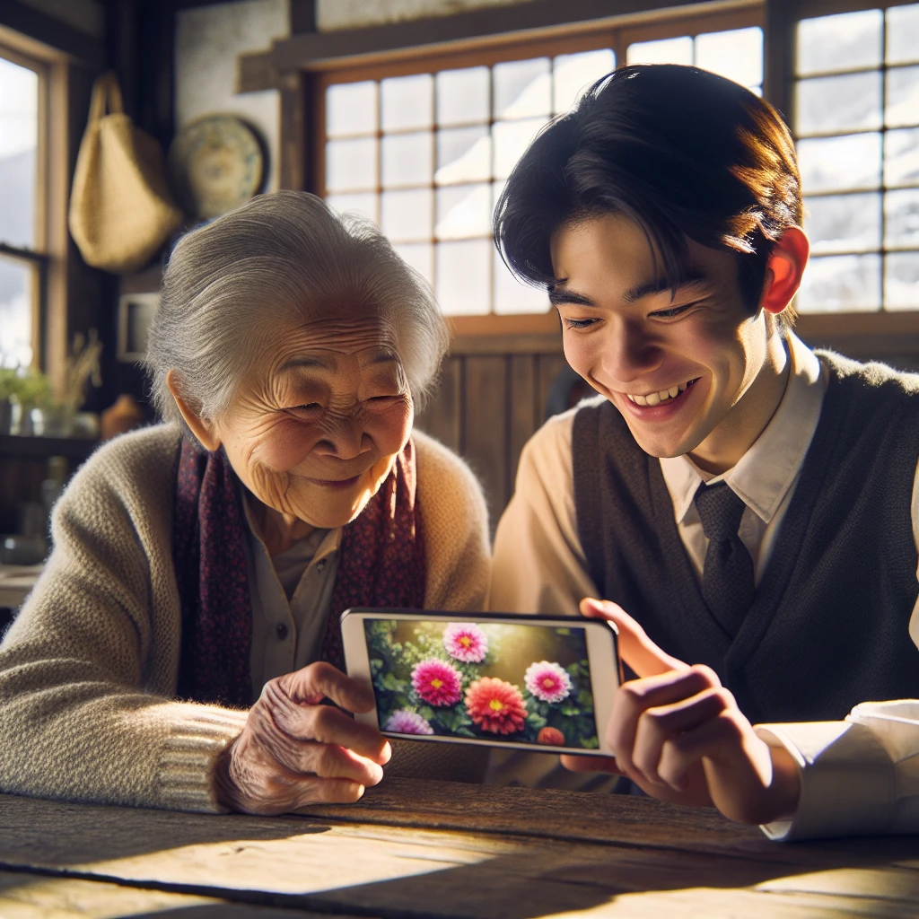 木のテーブルでスマートフォンのデジタル花壇画面を見ながら、微笑み合う高齢女性と高校生の男女が並んで座っている様子。