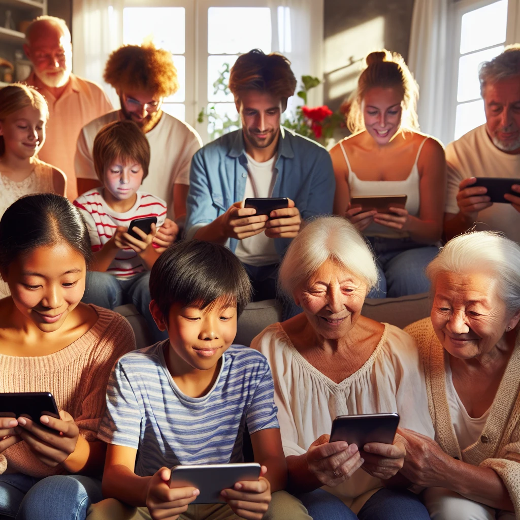 リビングで幅広い年齢層の人々がスマートフォンやタブレットを手に楽しそうに交流している様子。