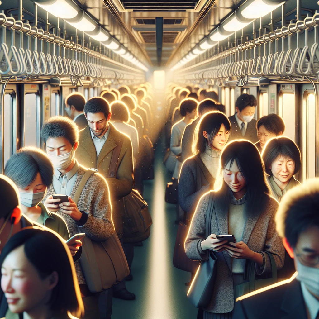 混雑した朝の日本の通勤電車内で、乗客たちが目元でやさしくほほえみ合う様子。