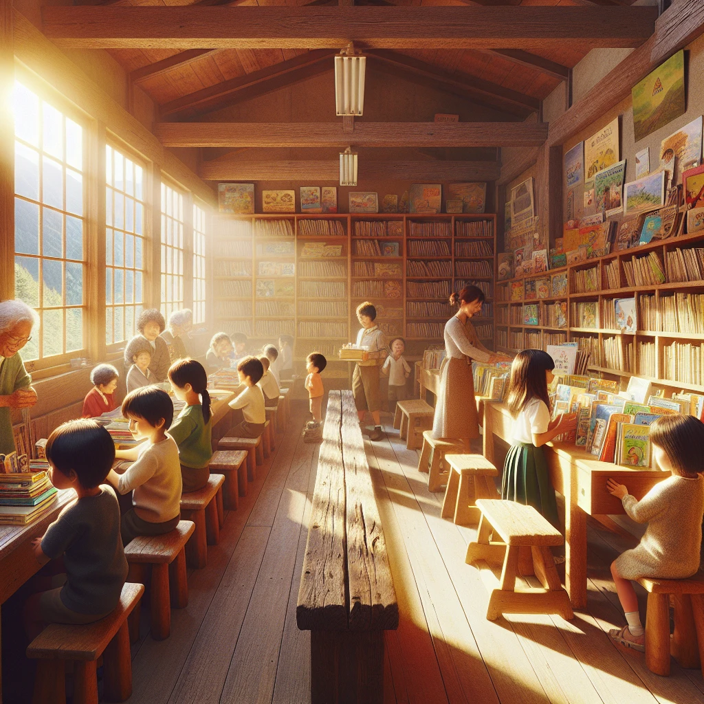 山間の村の旧小学校の一室がカラフルな図書館になり、子どもたちが本を並べ、地域の人々が集まっている様子の写真。