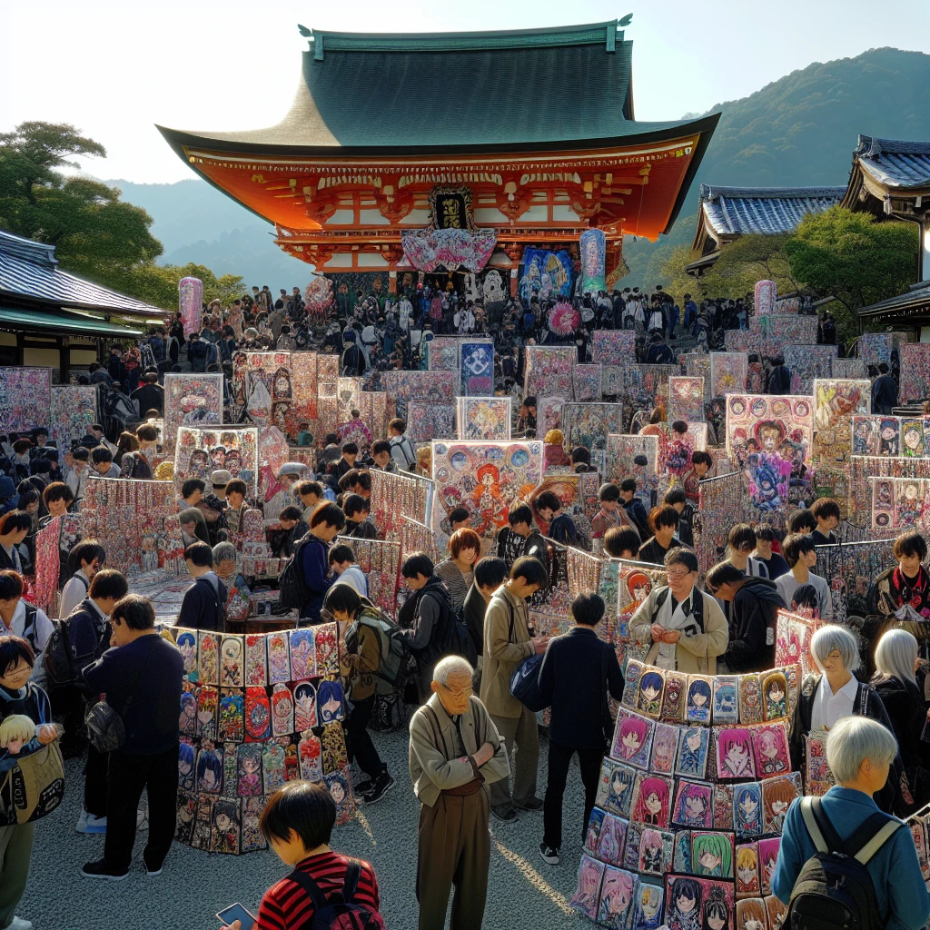 山間の由緒ある神社の境内で、アニメキャラクターが刺繍されたお守りを手にした参拝客やコスプレ姿の若者、地元の年配者たちが笑顔で交流している様子。