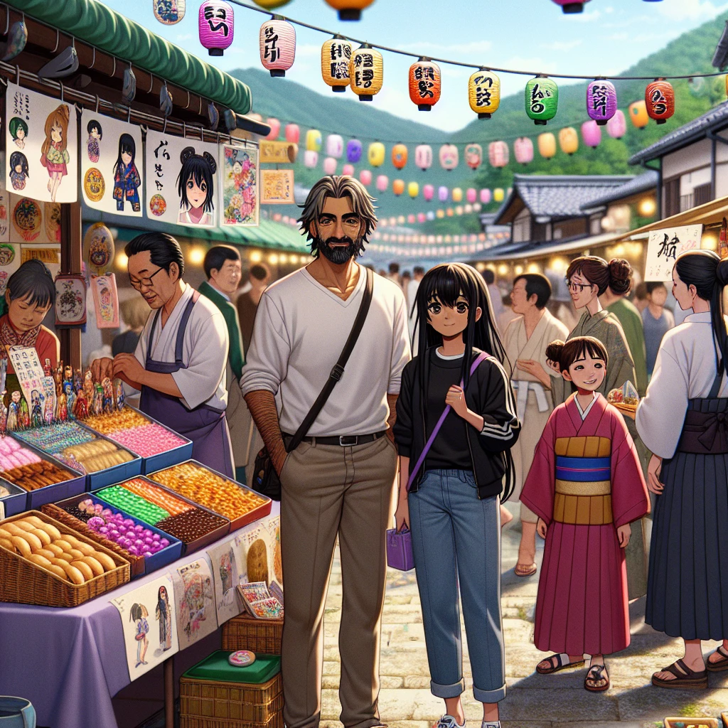 河川敷で伝統和菓子とアニメグッズを並べる親子の屋台ブースと、多世代の来場者が集う祭りの様子。