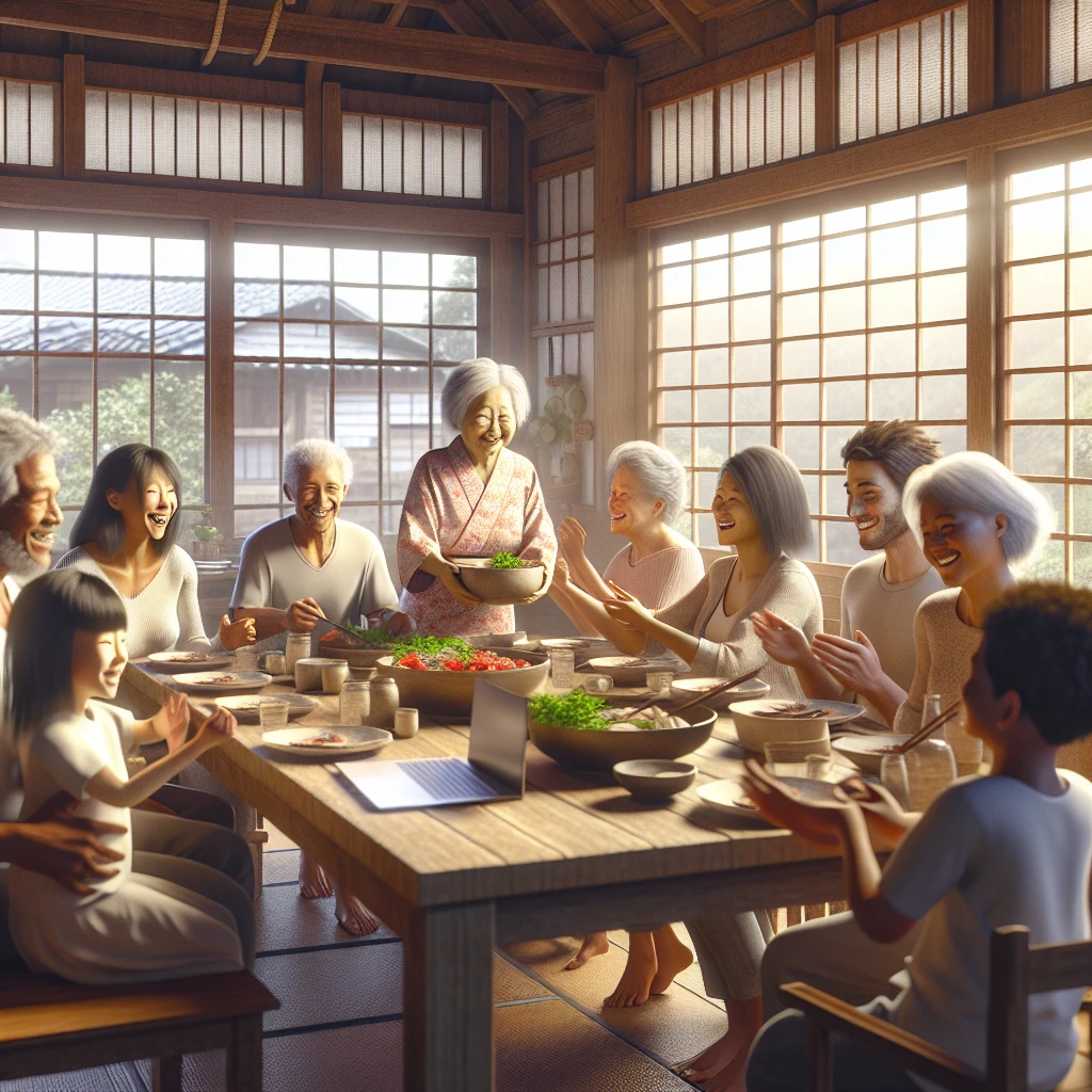 古民家風の旅館で高齢者と若い家族が一緒に食事や交流を楽しむ様子。