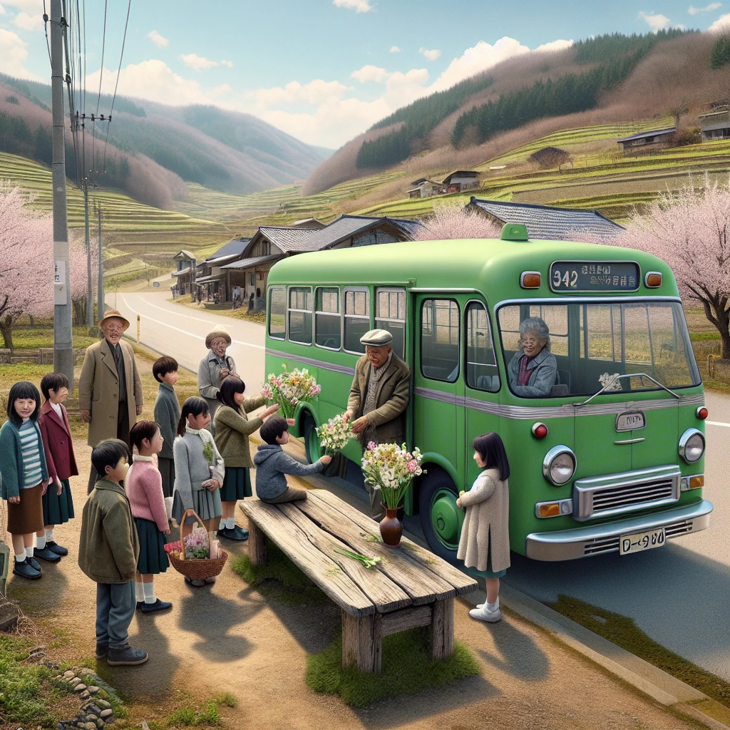 榛葉村のバス停で小学生が花を活け、緑のミニバスと見守る高齢者がいる春の風景。