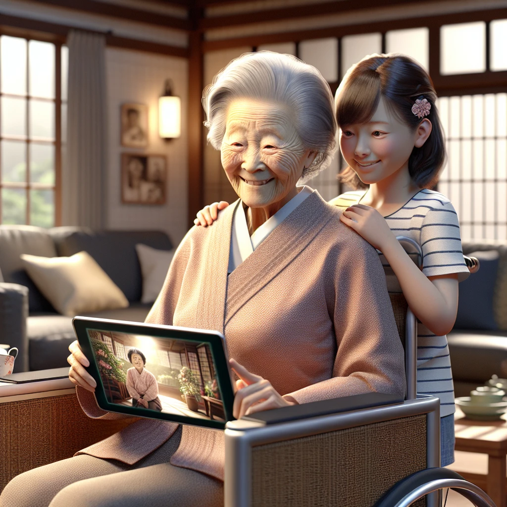 老人ホームの談話室で高齢の女性が孫と一緒にタブレットの写真を選んでいる様子。