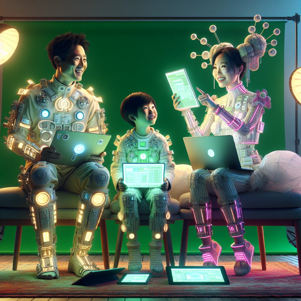 リビングでグリーンバックを背景にコスチューム姿でパソコンやタブレットを使う家族の様子。