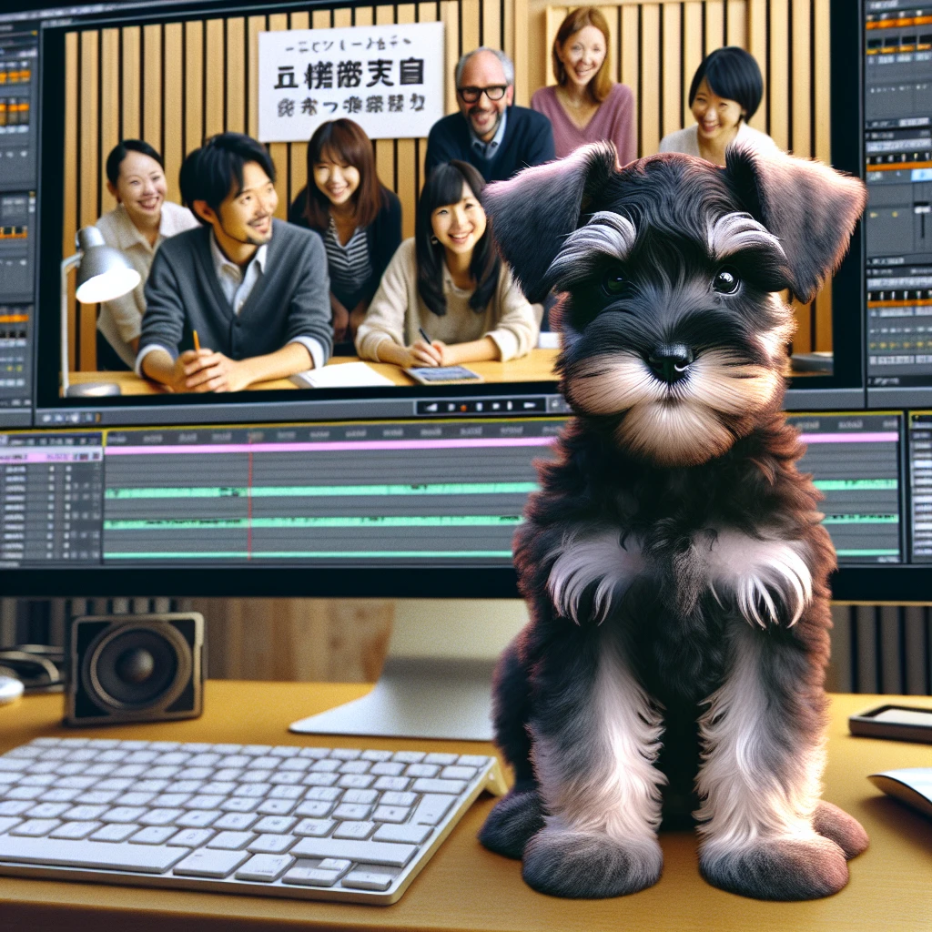 編集室でコンピューター画面の字幕を見つめるミニチュアシュナウザーの子犬と微笑むスタッフたちの様子。