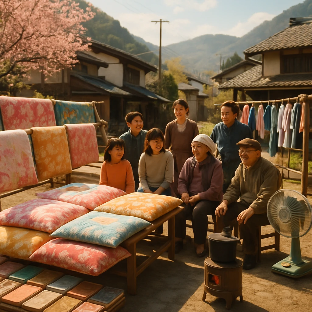 春の日差しの中、村の広場に布団や衣類、古本が色とりどりに並び、村人たちが楽しそうに集まっている写真です。