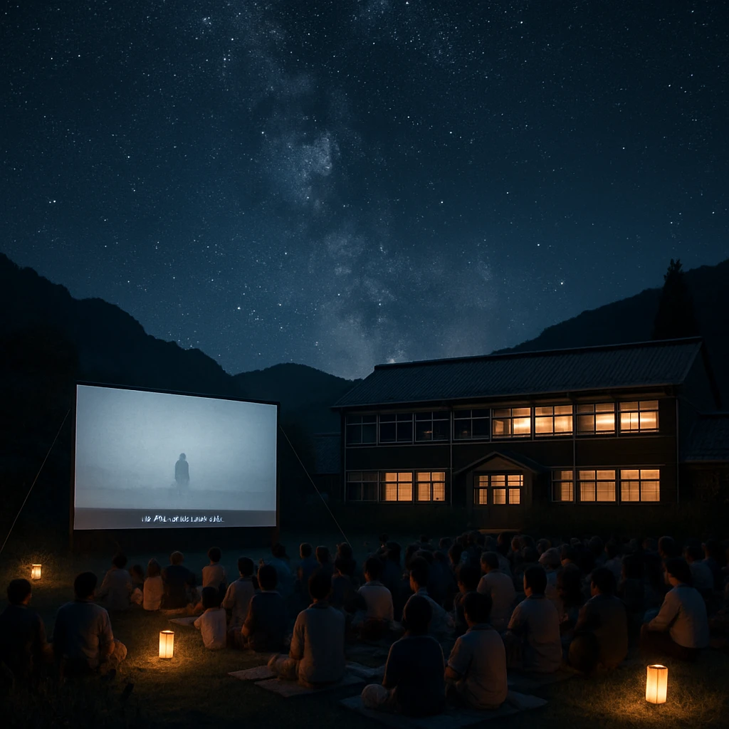 星空の下、田舎の廃校跡で村人たちが白いスクリーンを見つめる映画祭の風景。