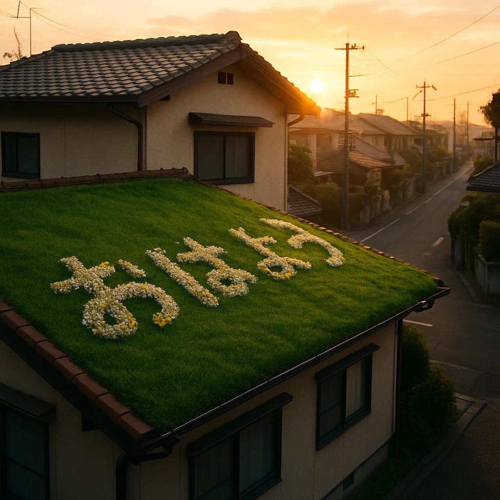 朝焼けの中、住宅街の屋根上に芝生と白や黄色の花で文字が描かれている様子。