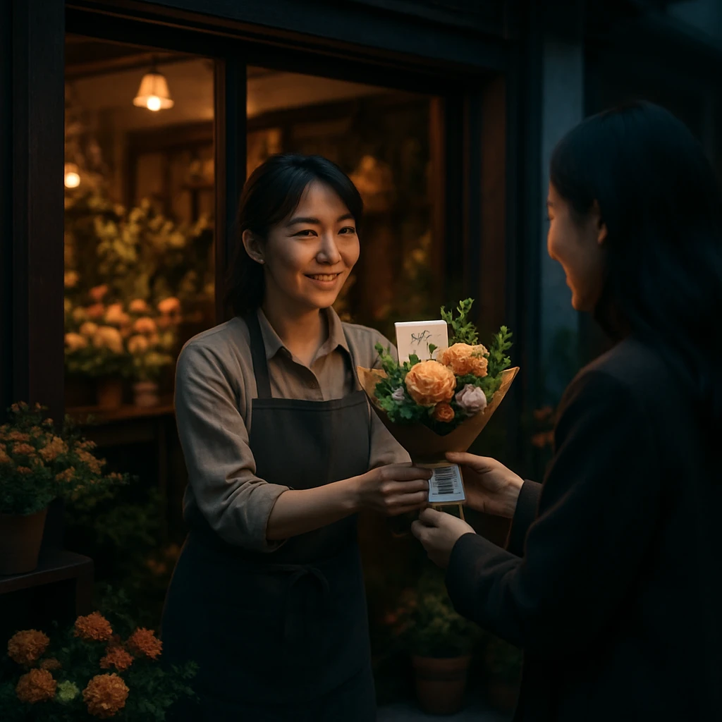 街角の優しい雰囲気の花屋で、女性店主がメッセージカード付きの小さな花束を客に手渡している様子。