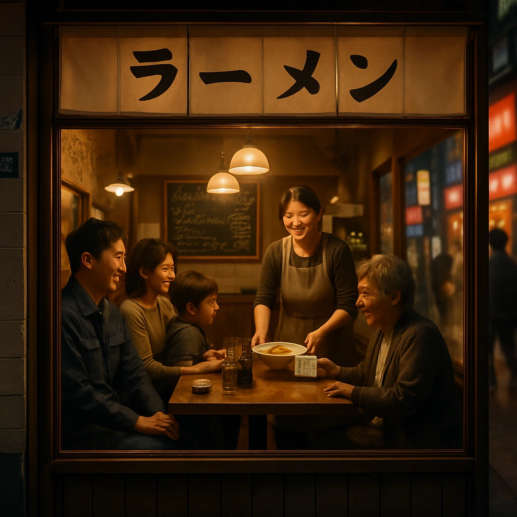 多様な年代や職業の人々が、温かい雰囲気の食堂で一緒に食事をしながら微笑み合う様子。
