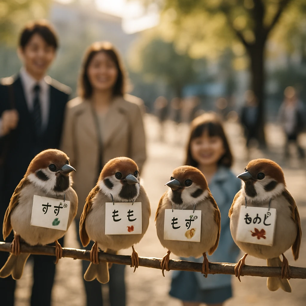 朝の駅前広場で、名札をつけた数羽のスズメが枝に並んで止まっている様子。