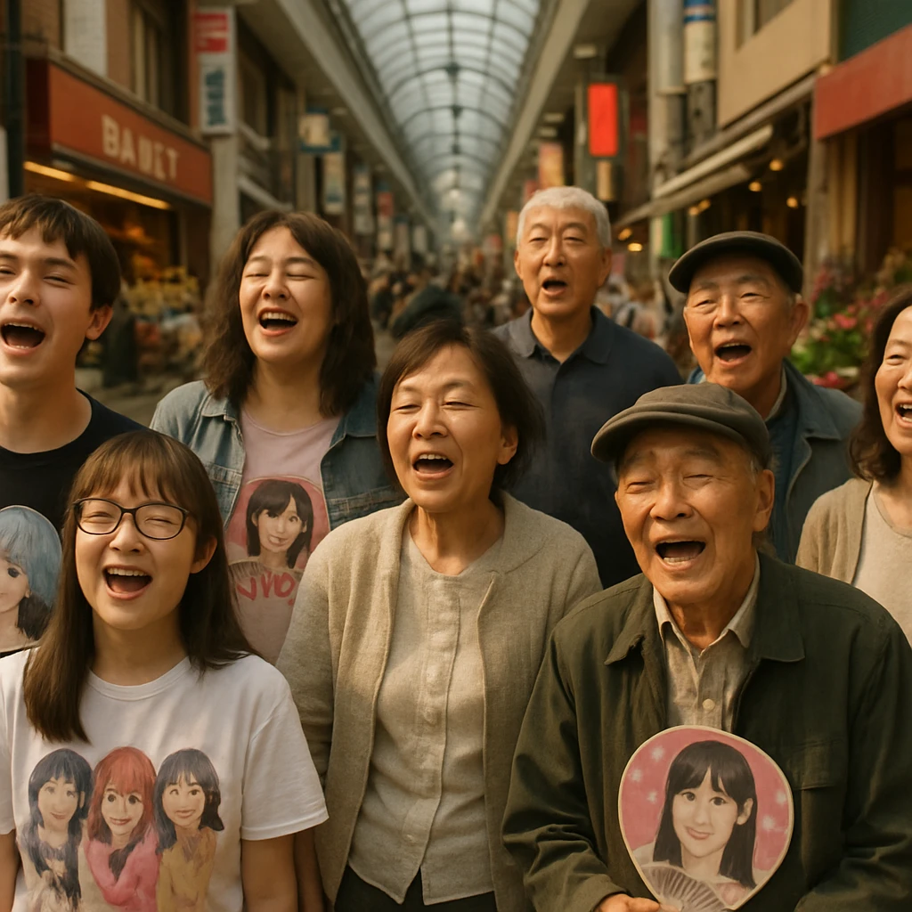 地元商店街の真ん中で、幅広い世代の人々が笑顔で合唱している様子。