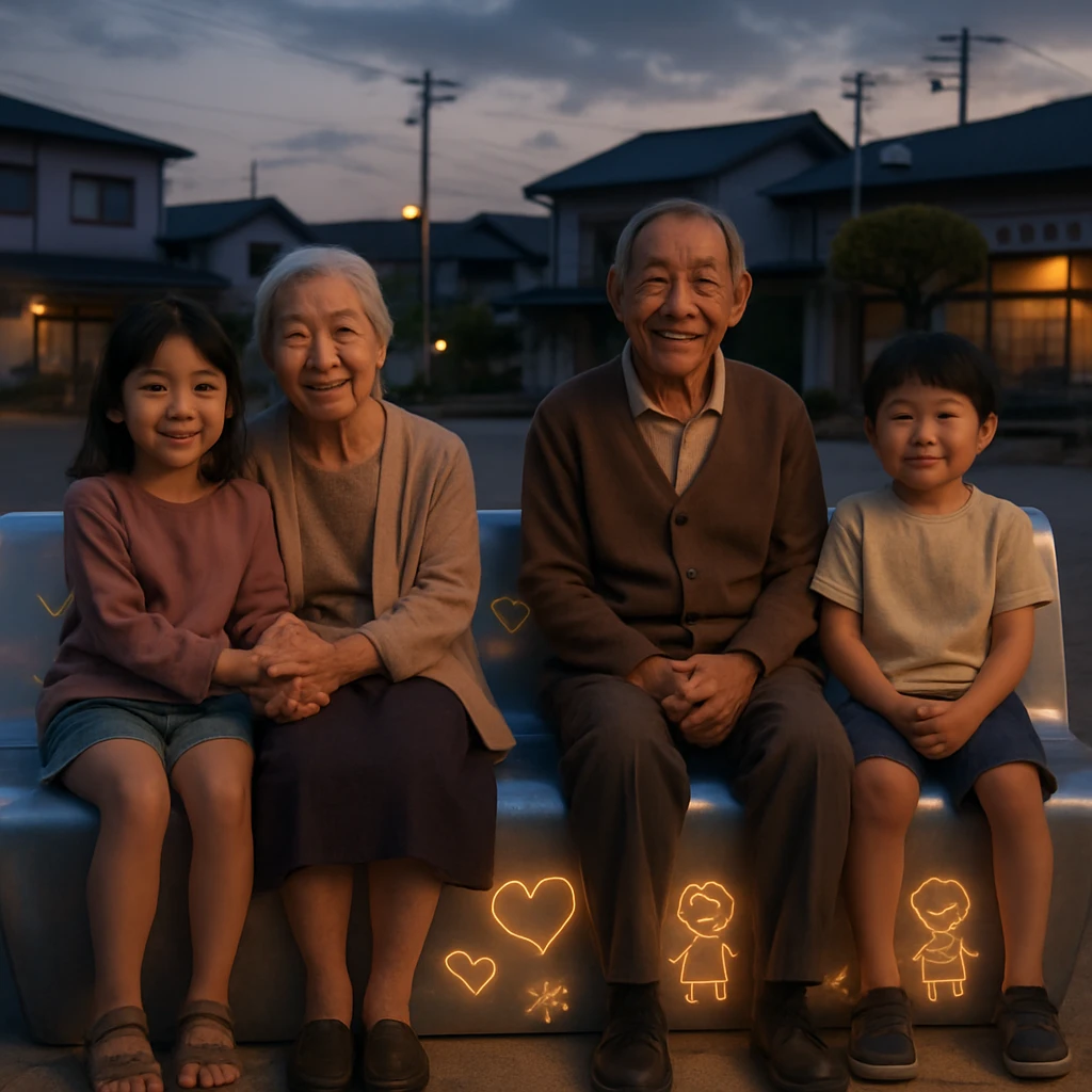 夕暮れの駅前広場で発光するハート模様と子どもの絵が浮かぶ新素材ベンチに、子どもと高齢者が手をつないで座り、笑顔で団らんしている様子。