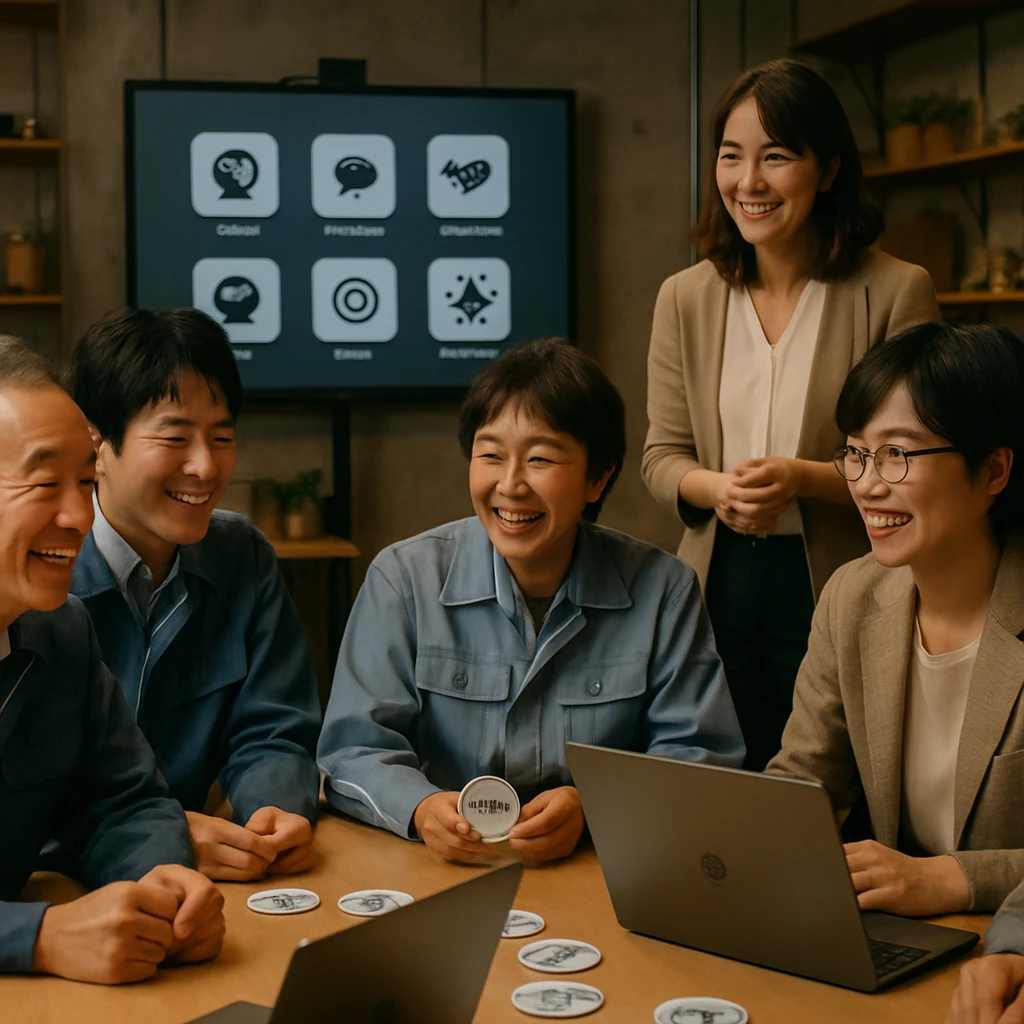 桜井電機製作所の従業員たちが明るいワークショップ会場でオープンバッジやAIを使った学習について楽しそうに議論している様子。