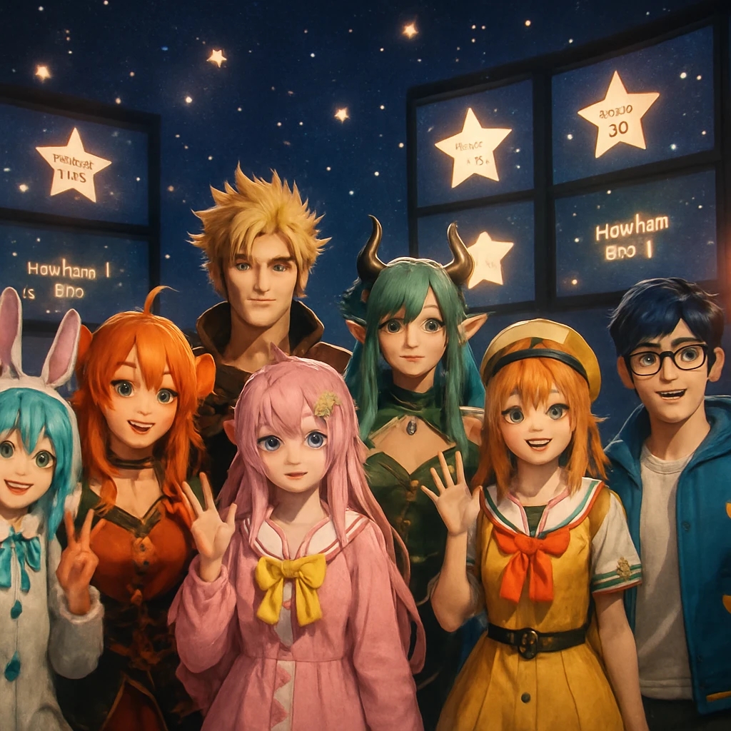 銀河の星空を背景に、8人のVTuberキャラクターが舞台上でファンからの星型メッセージに囲まれて並んでいる写真風シーン。