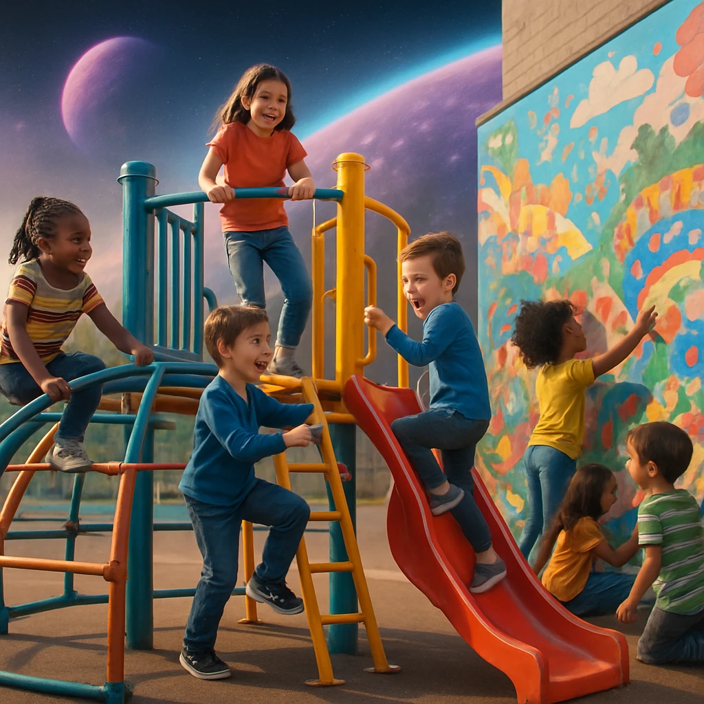 カラフルな遊具や壁画があるメタバースのバーチャル公園で、多様な子どもたちが楽しそうに遊んでいる様子。