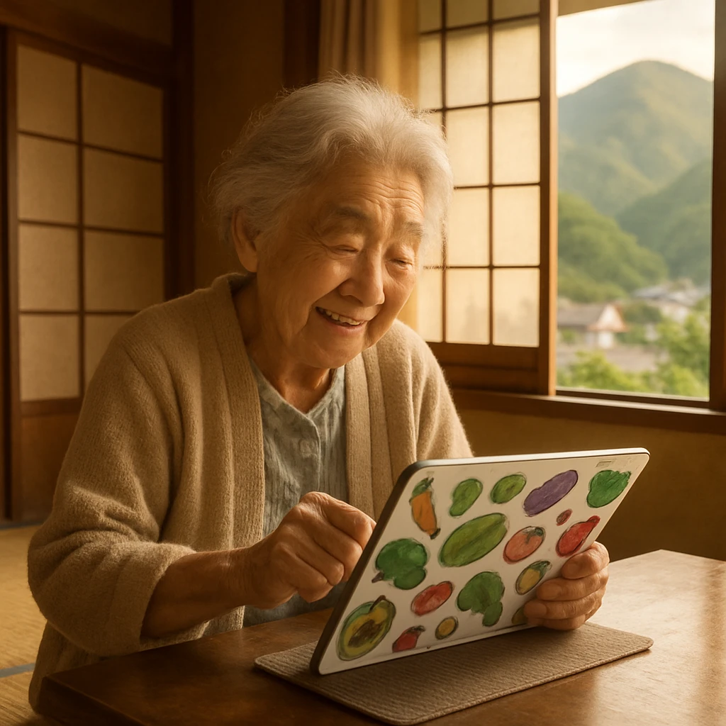 こたつに座る高齢の日本人女性が、カラフルな野菜アイコンが並ぶタブレットを操作している温かな和室の様子。