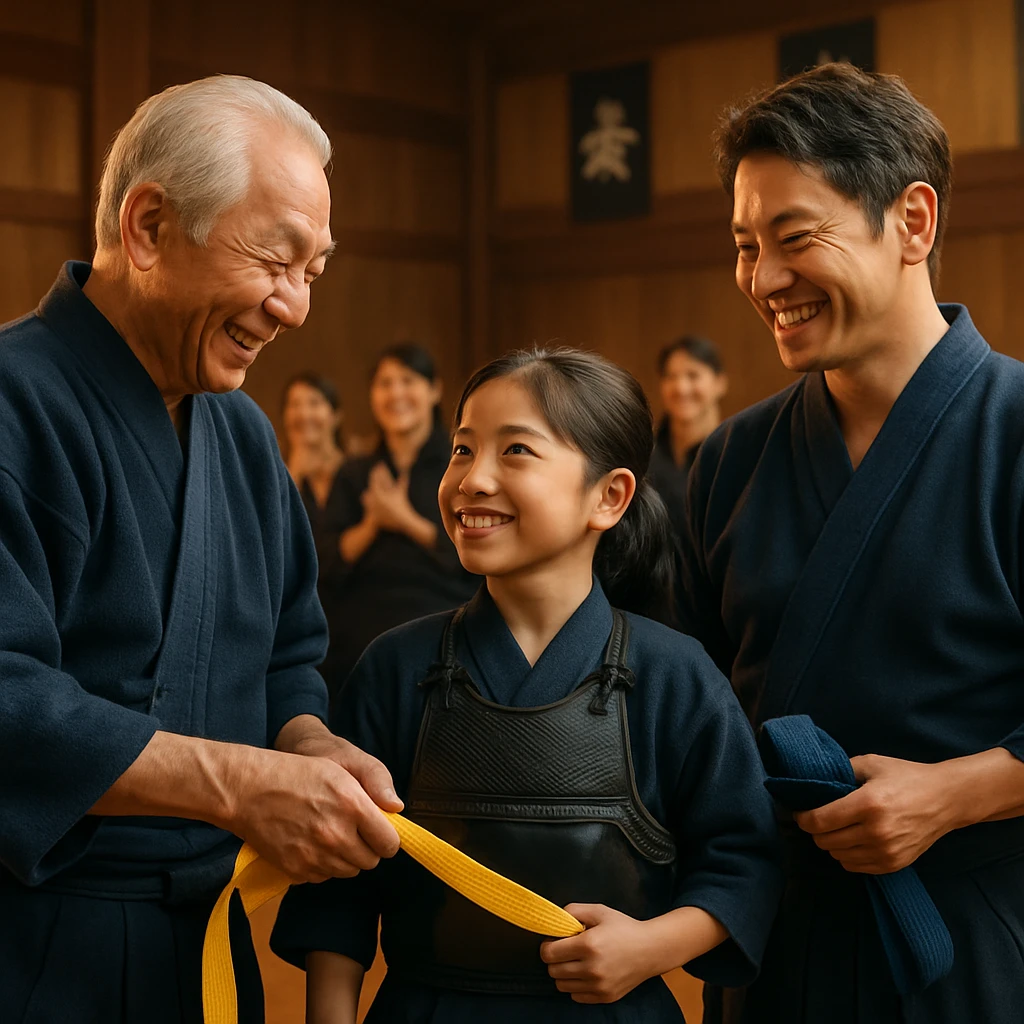 剣道着姿の祖父・父・娘が道場で帯を交換しながら微笑み合っている様子。