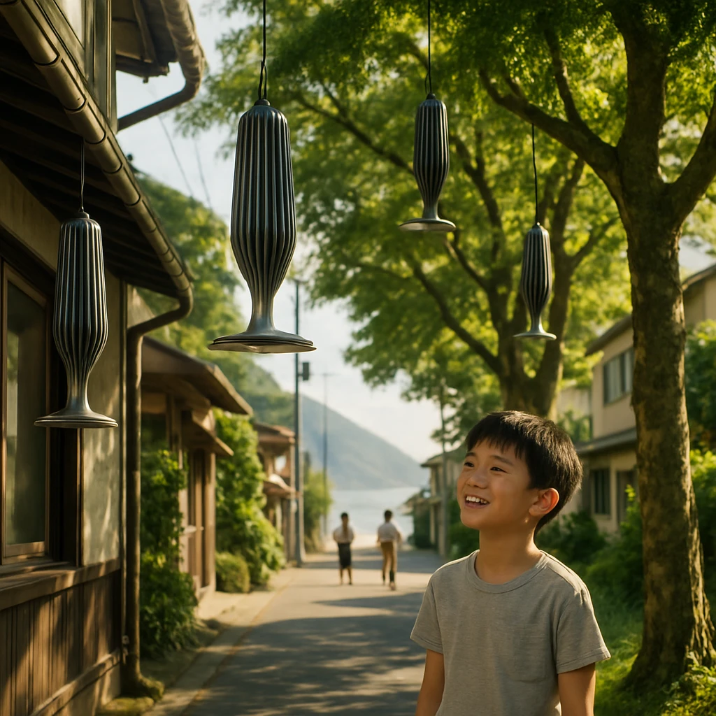 夏の緑岳町の通りで、家の軒先や公園の木にカーボンチャイムが揺れる様子と、それを見上げる小学生の男の子。