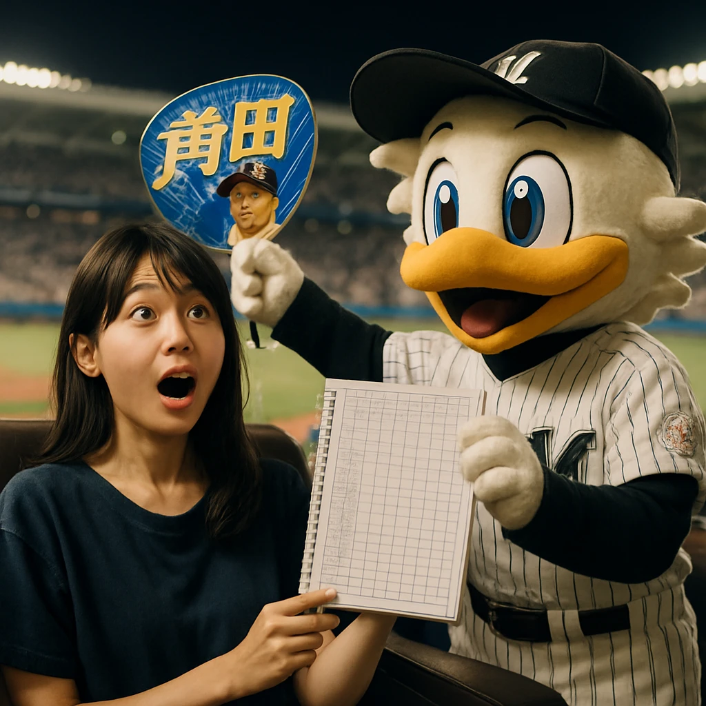 満員の野球スタジアムでVIP席に座る若い女性が、応援うちわとスコアブックを手に、マスコットに囲まれて嬉しそうにしている様子。