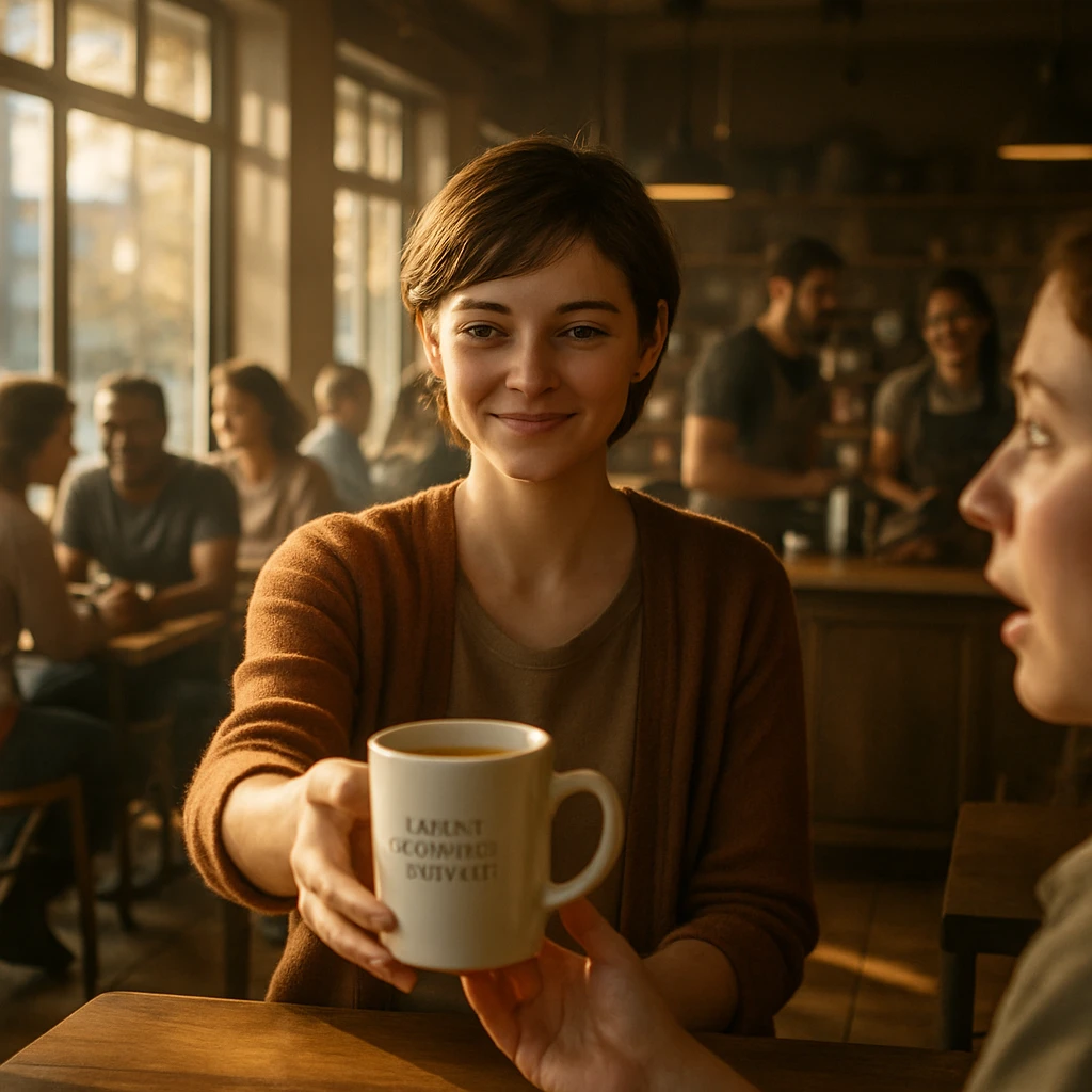 朝のカフェ店内で、若い女性スタッフがメッセージ入りの白いマグカップを笑顔で来店客に手渡している様子。