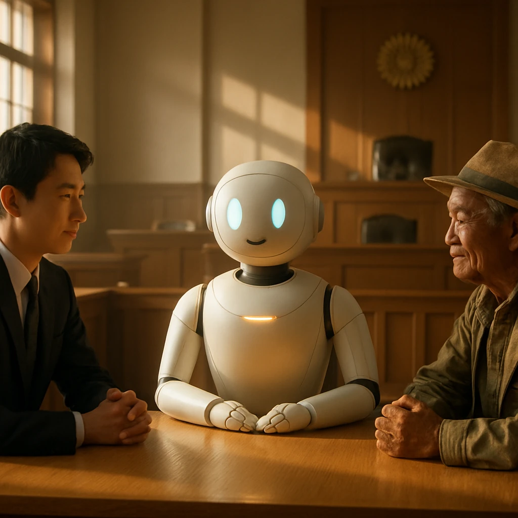 朝の光が差し込む法廷で、中央にAI調停ロボットと両側に座る2人の当事者が穏やかに向き合っている様子。