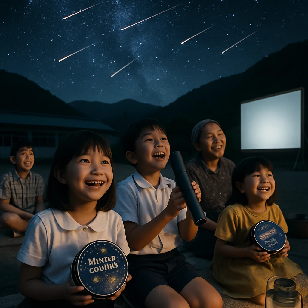 流星群が輝く夜空の下、小学校の校庭でクッキーを手に空を見上げる子どもたちと村人たちの様子。