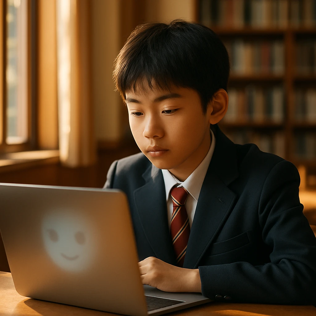 午後の光が差し込む図書室で、ノートパソコンに向かう中学生の少年と、画面に浮かぶデジタルの顔が映っている様子。