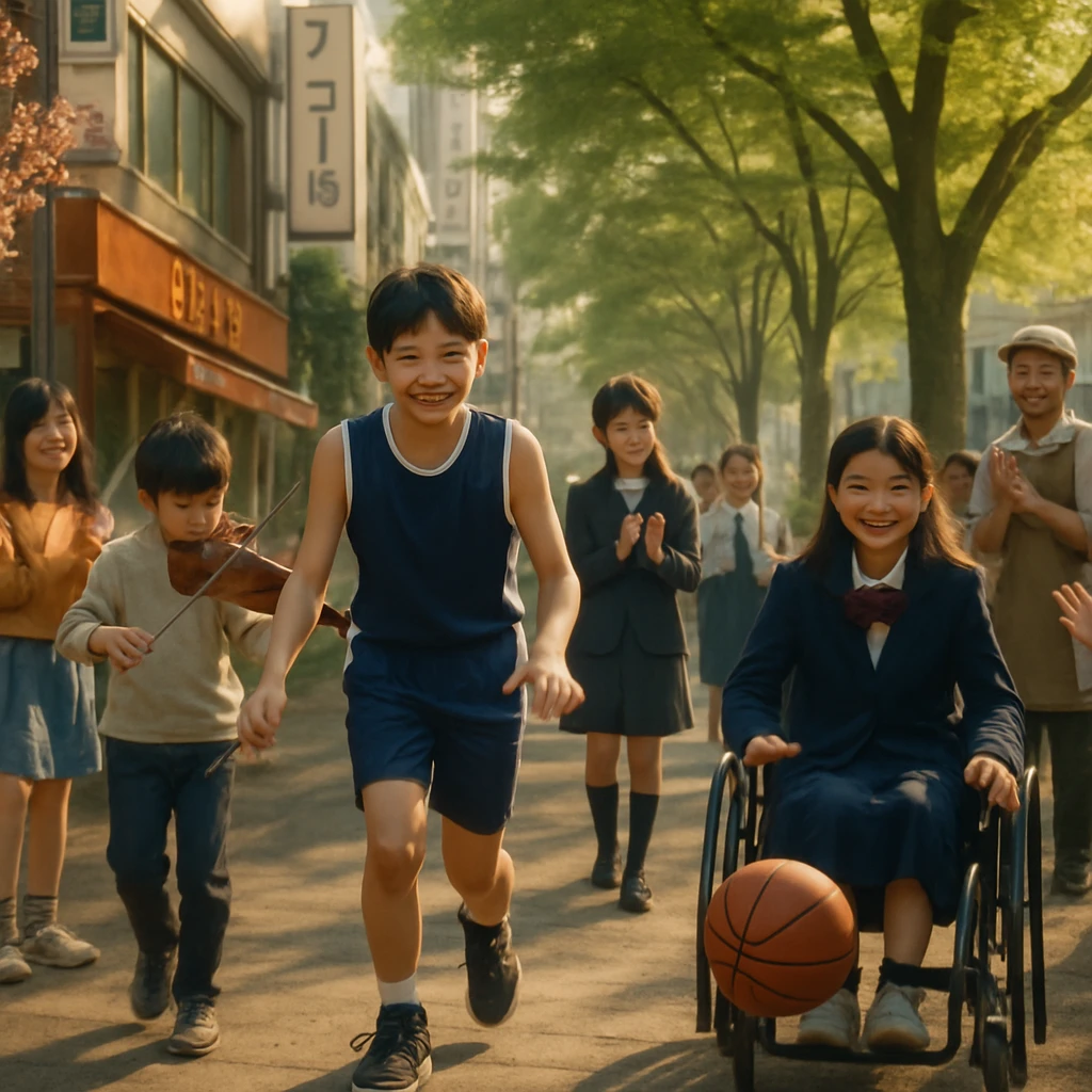 宇都宮市の街路で、バスケットボールをドリブルする少年とバイオリンを弾く少年、車いすの少女が笑顔でパレードを楽しむ様子。
