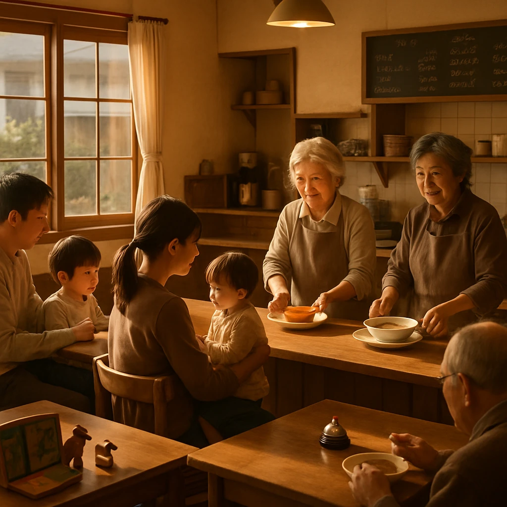 小さなカフェのカウンターで、おばあちゃん店員たちが笑顔で親子連れや一人客を迎えている温かな朝の様子。