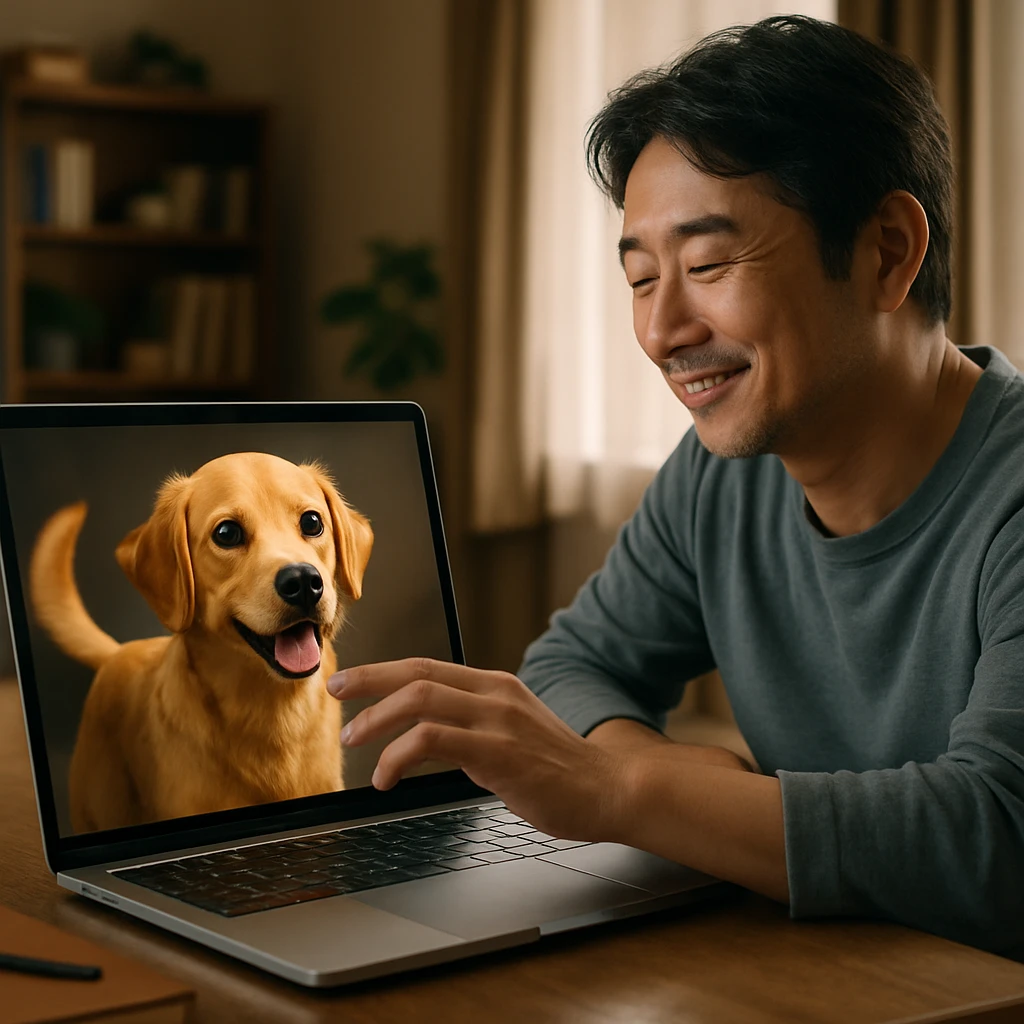自宅の明るいオフィスで、パソコン画面に表示されたAIバーチャル犬に社員が笑顔で手を伸ばしている様子。