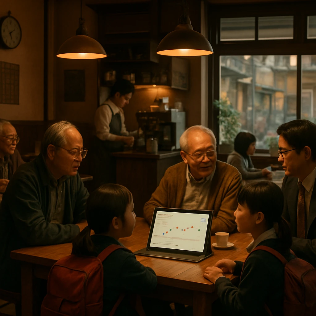 カフェ「グッドサイン」で年代の異なる人々がテーブルを囲み、端末に表示された感情グラフを眺めながら談笑している様子。