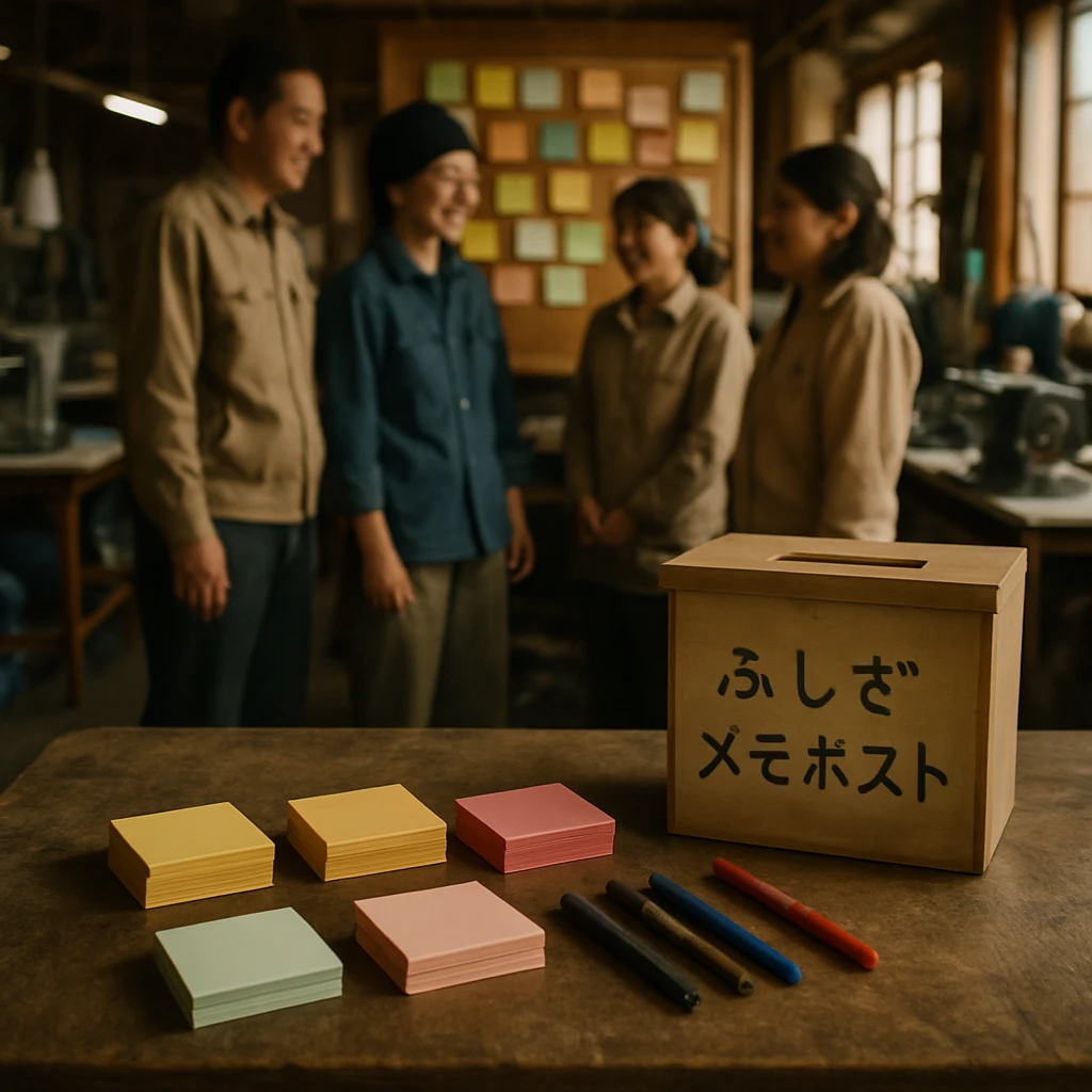 日本の工房でカラフルなメモとペン、そして『ふしぎメモポスト』の箱が並べられ、奥でスタッフたちが掲示板のメモを和やかに見ている様子。