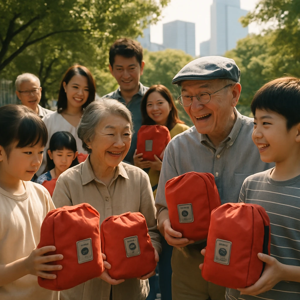大阪の公園で多世代の人々が赤い布で包まれた非常持ち出し袋を手に集まっている様子。