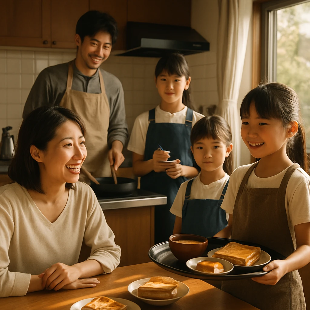 家族5人がキッチンでカフェごっこを楽しむ様子を捉えた、朝日の差し込む温かな写真。