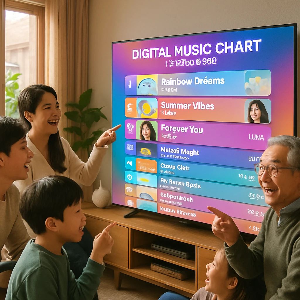 韓国のリビングルームで家族や若者たちが大型画面の音楽チャートに映る見慣れない曲名や手作りアルバムジャケットを嬉しそうに指さしている様子。