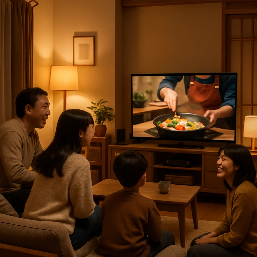 夜の家庭の明るいリビングで、家族がテレビの料理番組を笑顔で見ている光景。