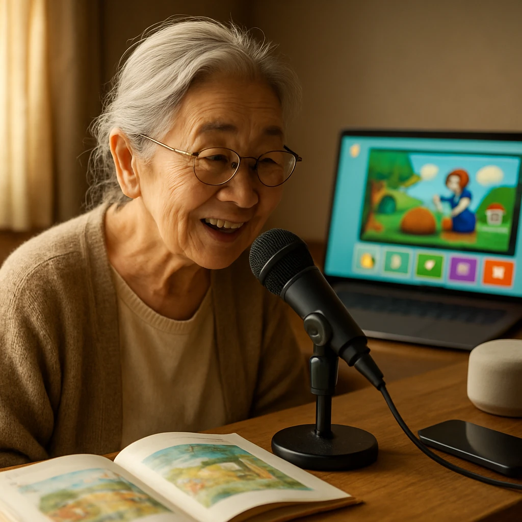 高齢の日本人女性が自宅でマイクに向かい、絵本を朗読している穏やかな場面。