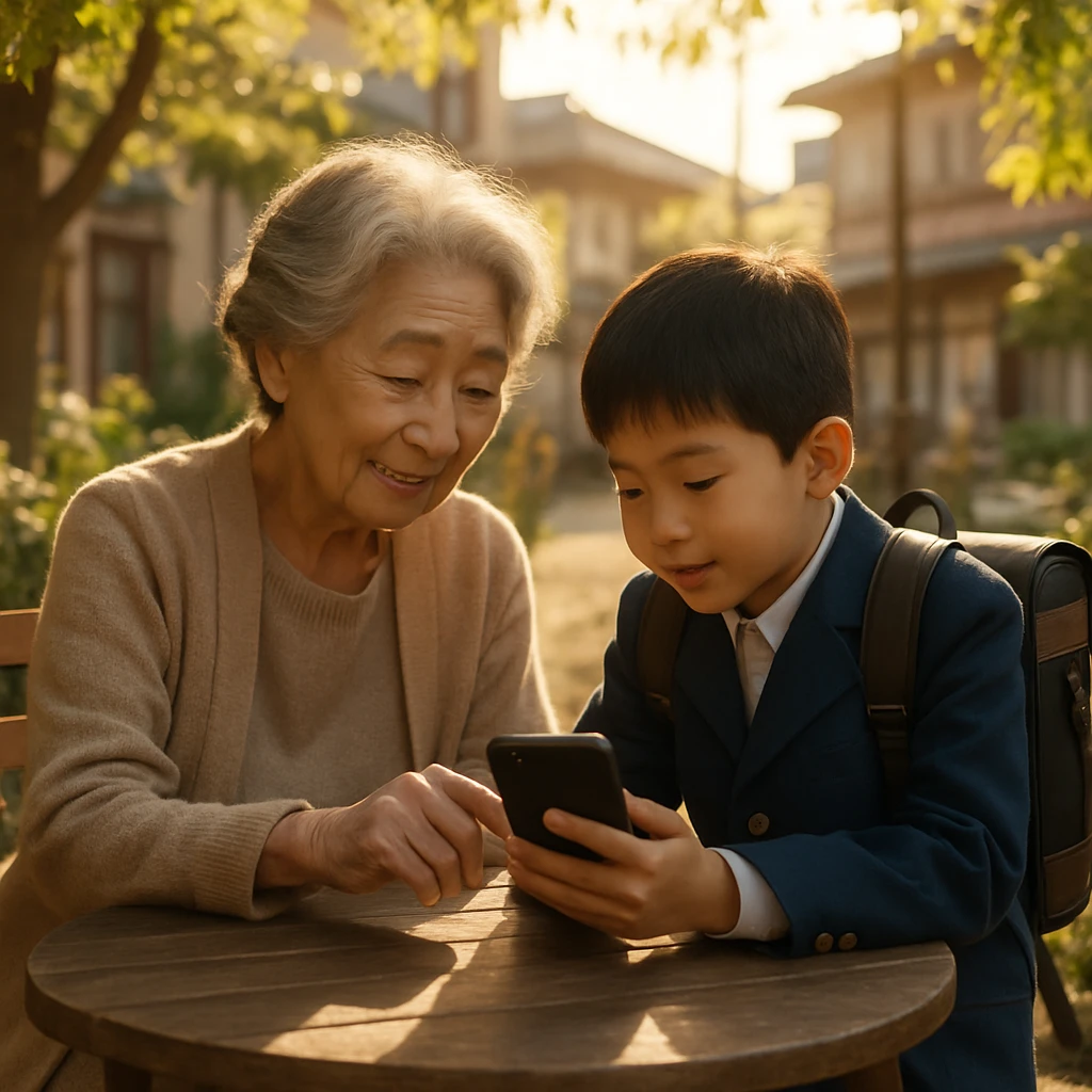 春の日差しの中、広場のガーデンテーブルで高齢の女性と小学生の男の子が一緒にスマートフォンの画面を覗き込んでいる様子。