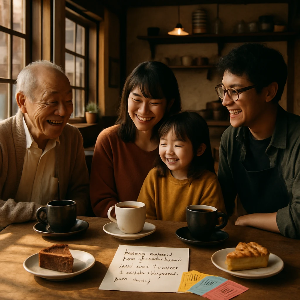 カフェの木製テーブルを囲んで幅広い年代の人々がコーヒーとケーキを楽しみながら会話する様子。